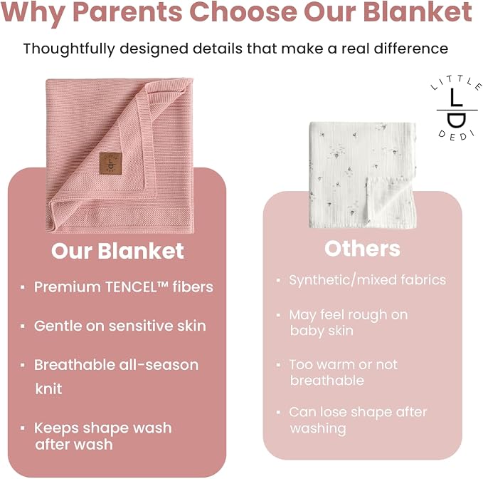 Dua 100% Tencel Baby Blanket 30x40 in, Pink, Oeko-Tex Certified, Silky Soft Knit, Thermal-Regulating Swaddle and Receiving Blanket for Newborns