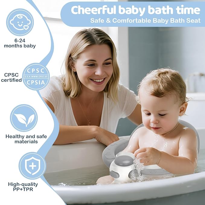 Baby Bath Seat for Babies 6 Months & Up - Baby Bath Seats for Babies Sitting Up | Non-Slip Baby Bath Chair with Cushion & Suction Cup | Toddler Bath Seat Newborn Infants Baby Bathtub Seat (Grey)