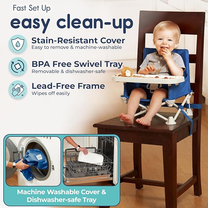Hiccapop OmniBoost Travel Booster Seat with Tray for Baby | Folding Portable Baby Booster Seat for Dining Table, Camping, Beach, Grandma?™s | Tip-Free Design Straps to Kitchen Chairs - Booster Chair