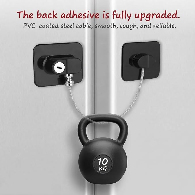 Child Safety Device Refrigerator Door Lock with Key and Adhesives, Cabinet Restrictor Cable for Baby and Toddler, Lock for Cupboards, Drawers, Fridge, Wardrobe, Black, Pack of 1
