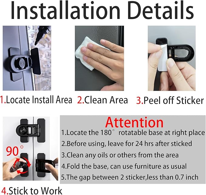 Child Safety 2-Pack Refrigerator Lock Baby Proofing for Cabinet Door Drawer Cupboard Freezer Oven Closet, 90 Degree Fridge Latches for Toddler Cat Dog Kitchen, No Drill Upgraded Adhesive