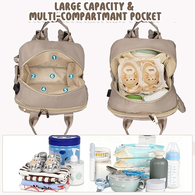 CandyHome Diaper Bag Backpack, Waterproof Stylish Baby Bag with Changing Pad, Large Capacity Travel Essentials Baby Diaper Bag with USB Port, Stroller Straps & Pacifier Case (Khaki)