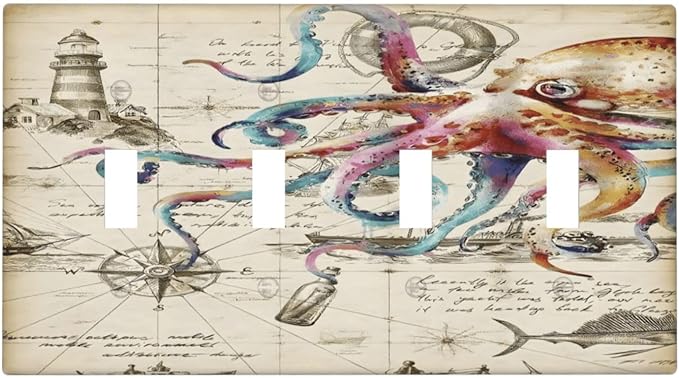 Cool Colorful Nautical Octopus Ocean Kraken Vintage Light Switch Covers Quad Toggle Electrical Faceplate 4 Gang Wall Plate Decorative Switch Plates Cover for Bathroom Farmhouse Decor