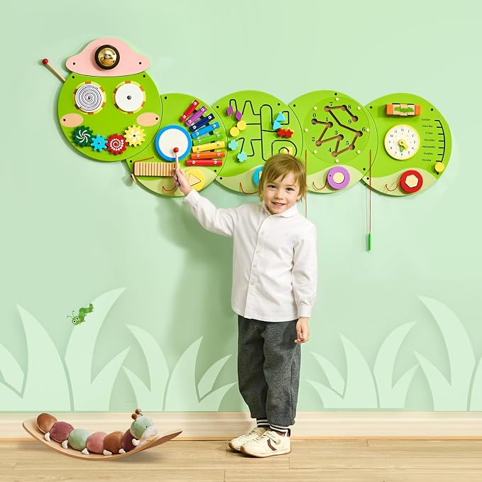 VEVOR Caterpillar Activity Wall Busy Board Wall, 12 Wall Activities Board, Montessori Sensory Wall Panel for Kids 3-12 Years, Sensory Wall Activity Board, Ideal for Toddler Playroom Nursery Classroom