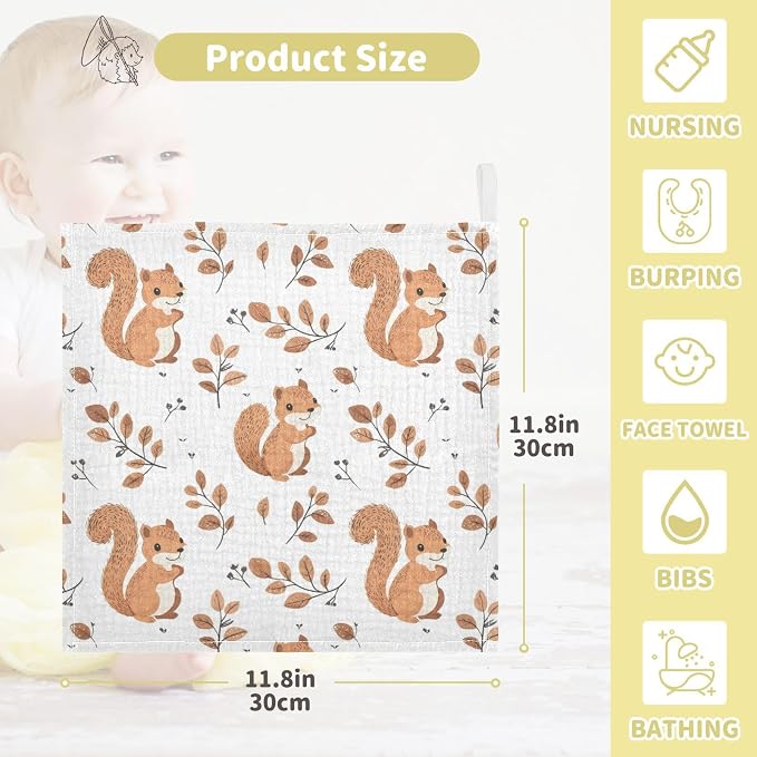vvfelixl Cute Squirrel with Tail Baby Burp Cloths Baby Muslin Washcloths for Boys Girls Cotton Babys Face Towel for Newborn Infants Soft and Absorbent 11.8 X 11.8 in, 5 Pack