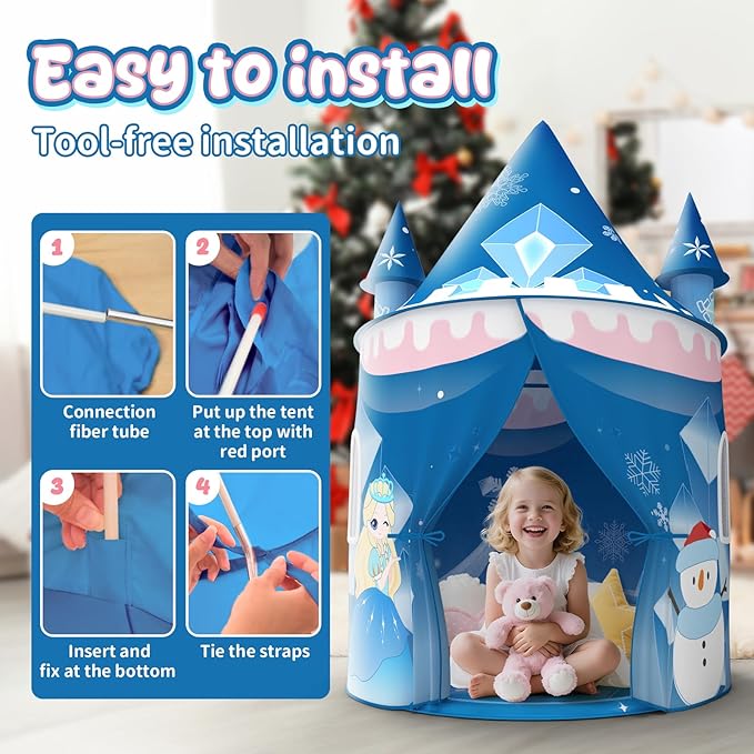 Skirfy Princess Play Tent, Frozen Toy for Girls, Ice Castle Kids Tent Indoor and Outdoor, Large Imaginative Playhouse for Toddler 3+,Christmas Birthday Thanksgiving Gift for Girls-64.2*41.3*41.3 inch