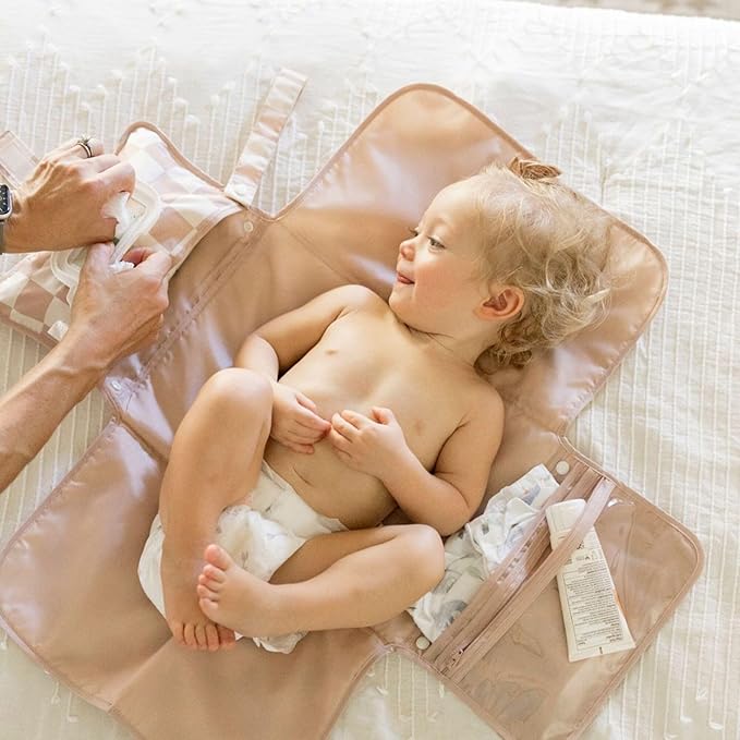 Tiny Twinkle Portable Diaper Changing Pad | Waterproof, Wipeable & Compact Baby Changing Pad for Travel | Smart Wipes Pocket & Organized Storage| Newborn Shower Gift (Beige Checkers)