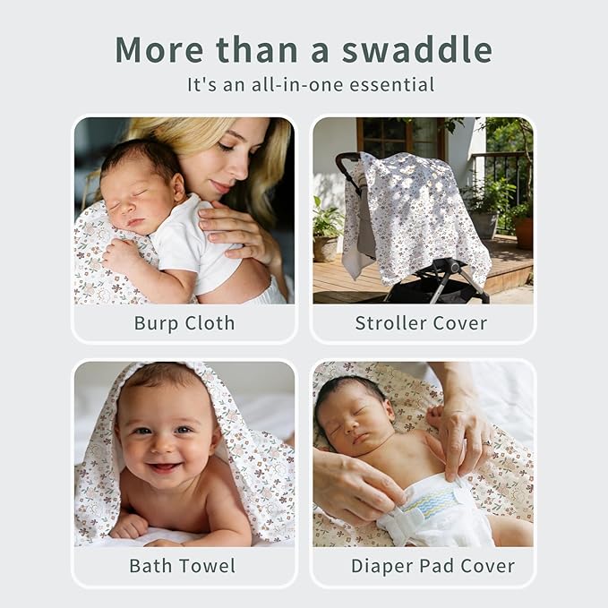 4 Set Muslin Swaddle Blankets for Newborn Baby Boys, Girls,Receiving Blankets-Cute Soft Print Baby Towel Wrap 120x110cm Baby(White)