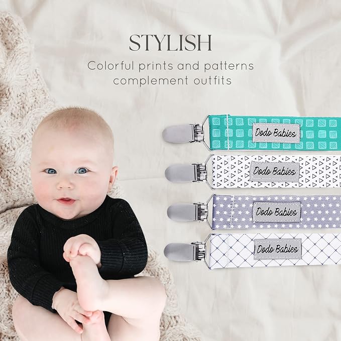 Dodo Babies Pacifier Clip Set - Universal Pacifier Holder for Boys & Girls - Multipurpose Baby Clip Secures Teethers - Travel Case Stores Baby Essentials - Teal, Blue & Grey
