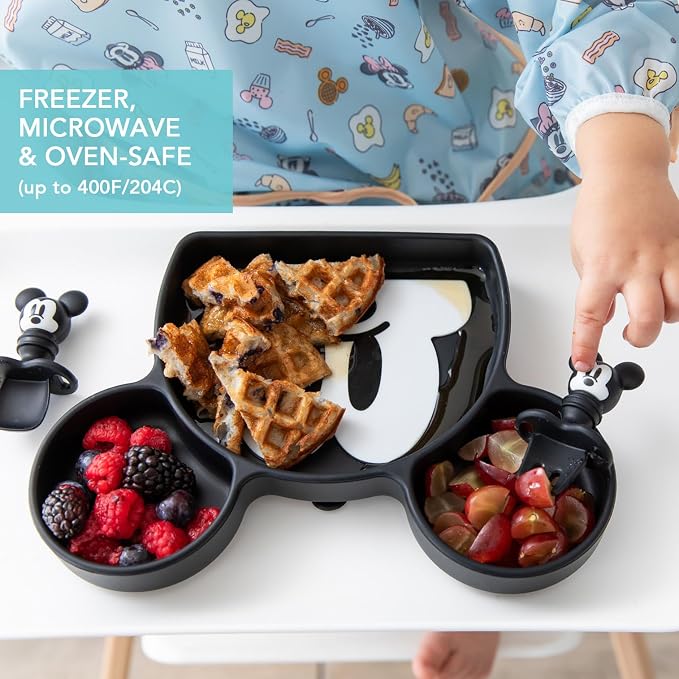 Bumkins Disney Mickey Mouse - Silicone Grip Dish, Training Chewtensils - For Ages 6 Months+ - Suction Base - 100% Food-Safe Silicone - Oven, Microwave, Freezer, & Dishwasher Safe