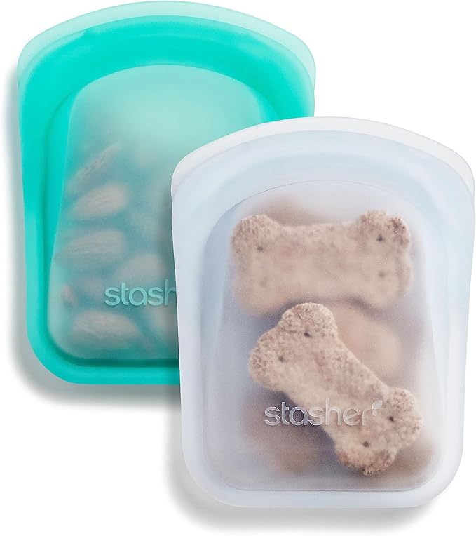 Stasher Silicone Reusable Storage Bag, Pocket Bags 2-Pack, Microwave, Dishwasher, Oven Safe, Sous Vide, Eco Friendly, Leak-free, Food-safe Silicone Snack Bags for Travel, 4 oz, Clear & Aqua | Leakfree Travel Bag