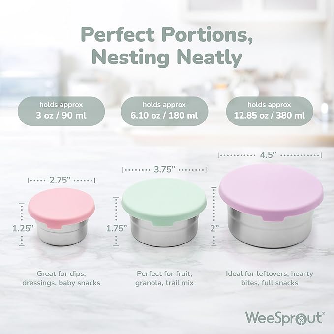Stainless Steel Food Storage Containers - 3 Pack - 3 Oz, 6.1 Oz, 12.85 Oz with Leakproof Silicone Lids, BPA-Free, Dishwasher & Freezer Safe, Nesting & Stackable for Meal Prep, Lunch Boxes & Snacks