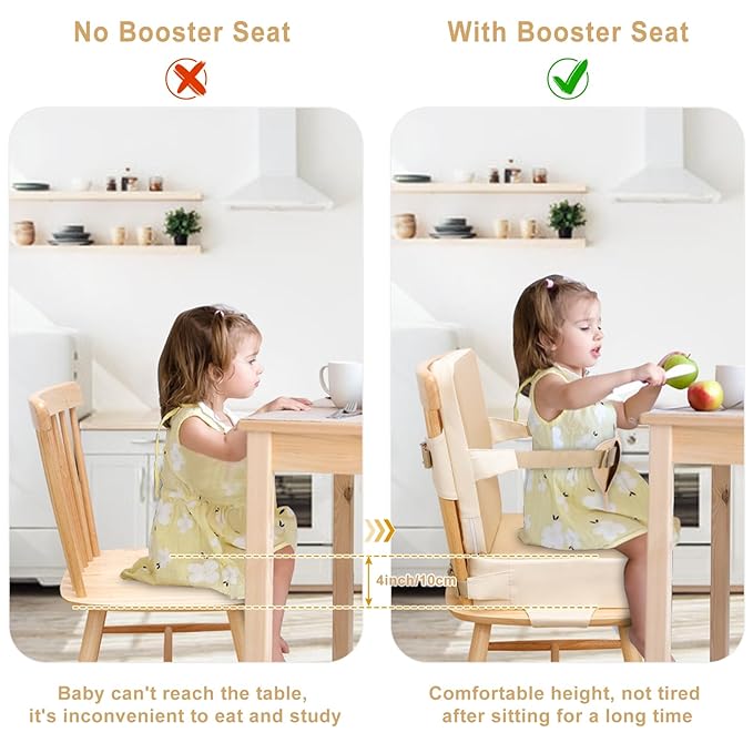Toddler Booster Seat for Dining Table, Non-Slip Kitchen Chair Booster Seat with Backrest and Adjustable Straps, Portable PU Waterproof Travel Baby Booster Increasing Cushion
