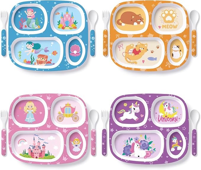 Jinei 4 Set Melamine Dinner Plate for Kids Dinnerware Dishes Set with Fork and Spoon Mermaid Unicorn Princess Cat Divided Melamine Plates for Girls Toddlers Picky Eaters BPA Free Dishwasher Safe