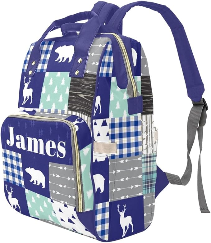 Personalized Woodland Deer Bear Diaper Bag with Name – Custom Baby Bag, Nursing Tote Backpack for Mom, Custom Name Mommy Daypack, Shower Gift for Baby