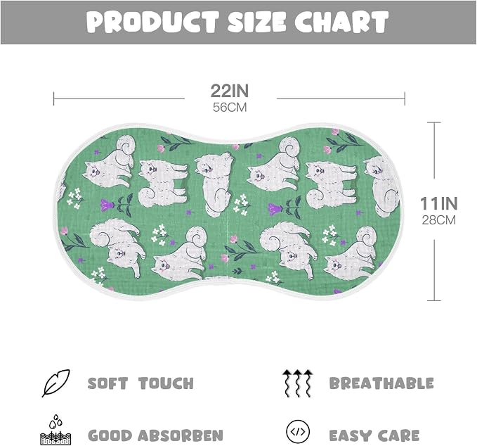 Muslin Burp Cloths for Baby Boys and Girls - 2-Pack Ultra Absorbent Cute Samoyed Dog Muslin Washcloths, Newborn Towel, Milk Spit Up Rags, Burp Cloth Bibs for Unisex, 22 x 11 Inch