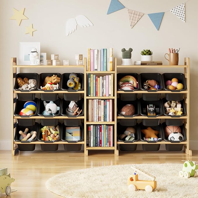 SpaceAid Large Toy Storage Organizer with 6 Shelves and 18 Bins, Book Shelf Organizers Storage Bookshelf, Kids Bin Shelf Box Bookcase for Bedroom Playroom Organization Room Decor, True Black