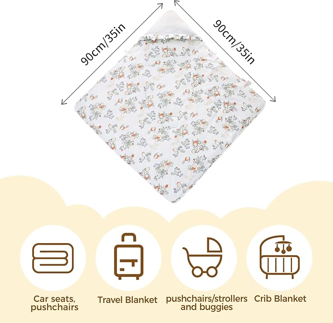 LAT LEE AND TOWN Winter Baby Car Seat Blanket for Newborn,35"x35"Universal Baby Wrap Blanket with Ruffle Hood,Winter Thickening Double Sided Cotton for Infants,Blankets for Stroller(Rabbit Fruits)