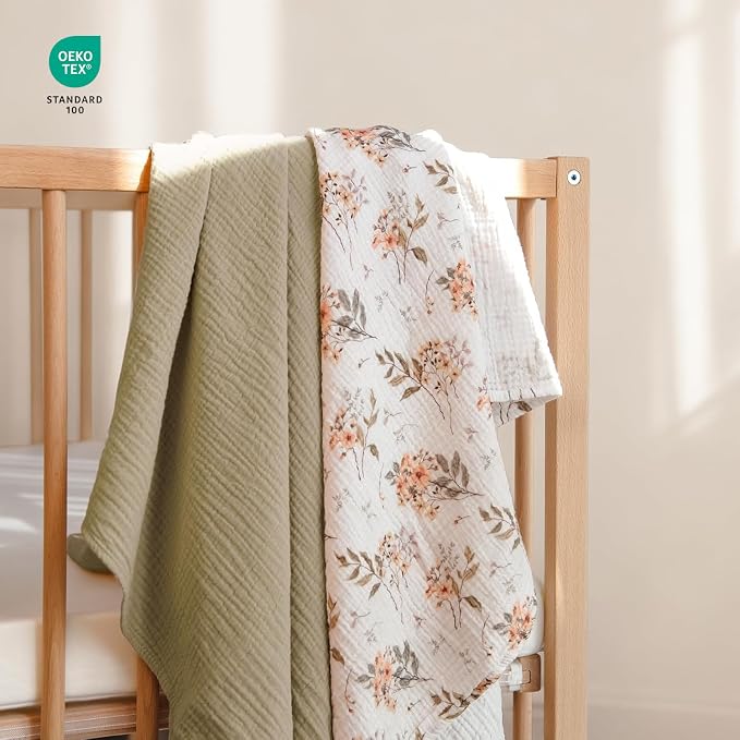 lulumoon Muslin Swaddle Blankets for Baby: Soft Cotton Newborn Receiving Blankets - Floral Print Nursery Gift Set for Baby Girls(Olive Flower)