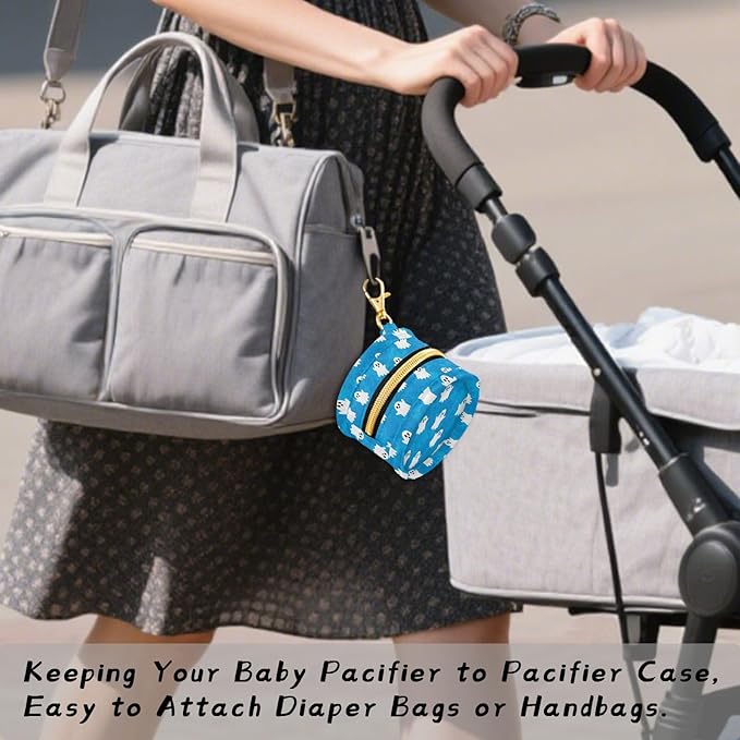 Halloween Ghost Blue Print Pacifier Holder Case for Diaper Bag Portable Travel Pacifier Storage Case with Clip Newborn Baby Pouch for Outdoor Purse Baby Boys Girls