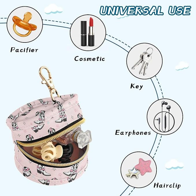 Cowgirl Boots Stars Pink Pattern Pacifier Holder Case with Clip Portable Pacifier Storage Case for Girls Boys Baby Pacifier Pouch for Diaper Bag or Purse Stroller