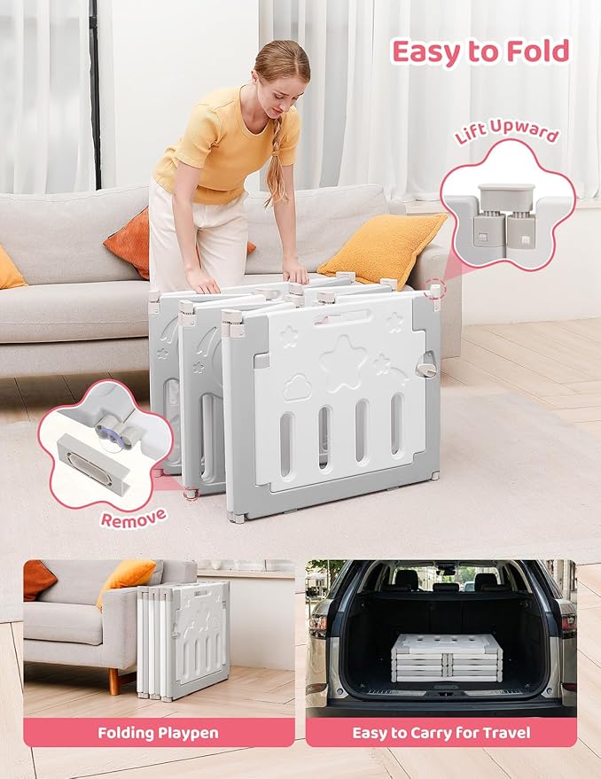 Baby Playpen, Dripex Baby Playard for Babies and Toddlers, 10-Panel Foldable Playpen Adjustable Portable Play Area, Indoor/Outdoor Kids Active Center with Game Panel & Safety Gate, Grey White