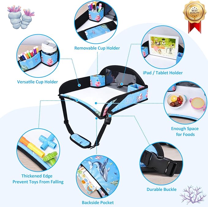 Kids Travel Tray for Toddler Carseat, Road Trip Activities Essentials for Toddler, Kids Lap Desk Tray with Tablet Holder Stand ï¼?Dry Erase Board (Whale)