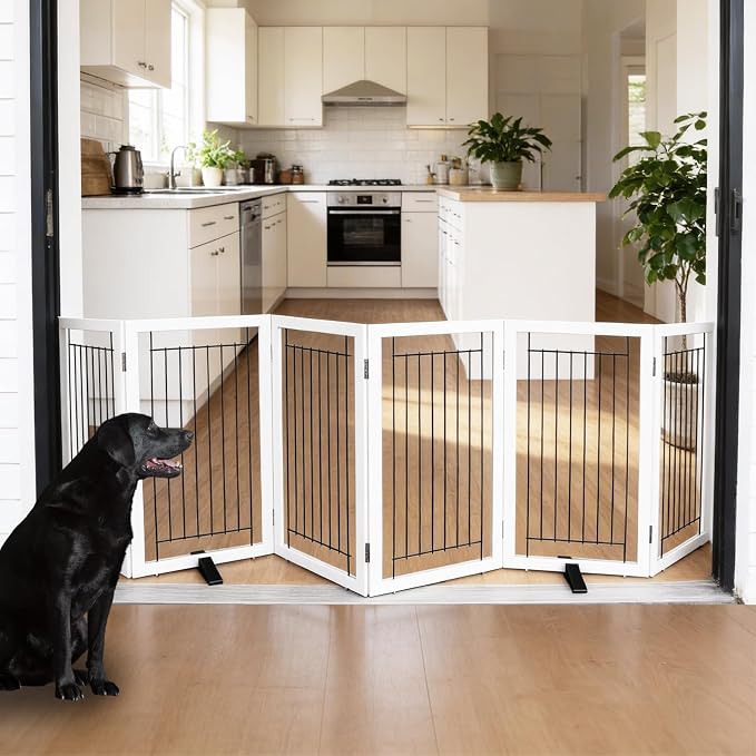 Dog Fence Indoor - 6-Panel Freestanding Dog Gate for Doorways, Hallways, House or Stairs -120x32-Inch Retractable Foldable Expandable Wood Pet by SFJC (White)