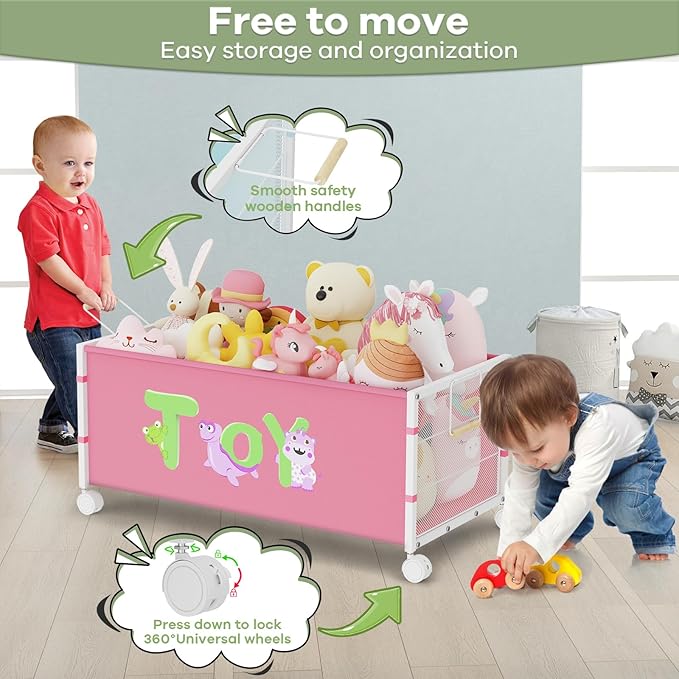 120L Kids Extra Large Toy Box with Wheels & Handle, 33.1??x 16.5??x 14.6??Big Toy Chest for Boys Girls, Toy Storage Organizer for Living Room Area, Playroom(Pink, 1PC)