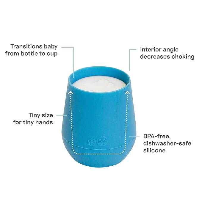 ezpz Tiny Cup (Blue) + Tiny Spoon (2 Pack in Pewter) - baby essentials, cup and spoon