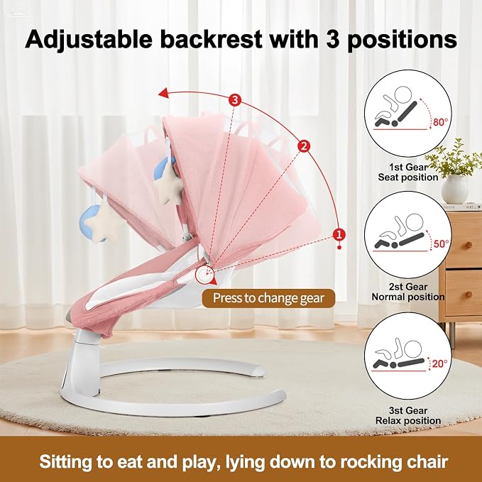 Baby Swing 3 in 1 Multifunctional Infant Rocker, Portable with Remote Control, 5-Point Seat Belt, 5 Auto Rocking, 3 Speed Timer, Electric with Music (0-12 Months) (Pink)