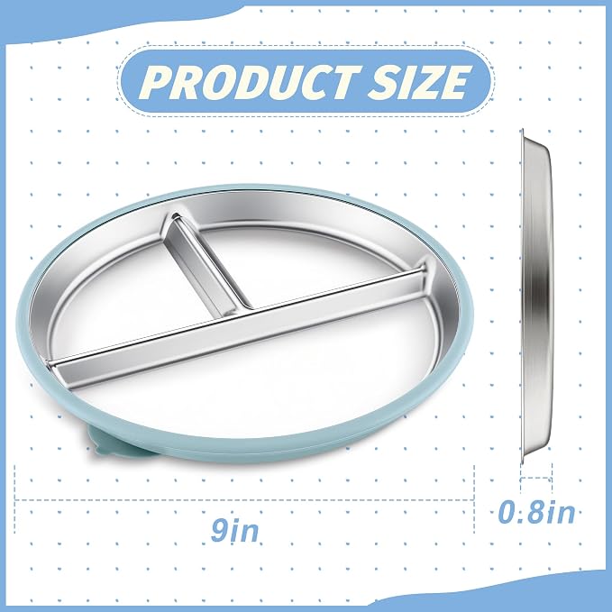 HaWare 3 Pack Stainless Steel Baby Suction Plates, 9 Inch Divided Toddler Plate with Removable Silicone Sleeves, Non Toxic & BPA Free Kids Feeding Set, Dishwasher Safe (Blue/Gray/Green)