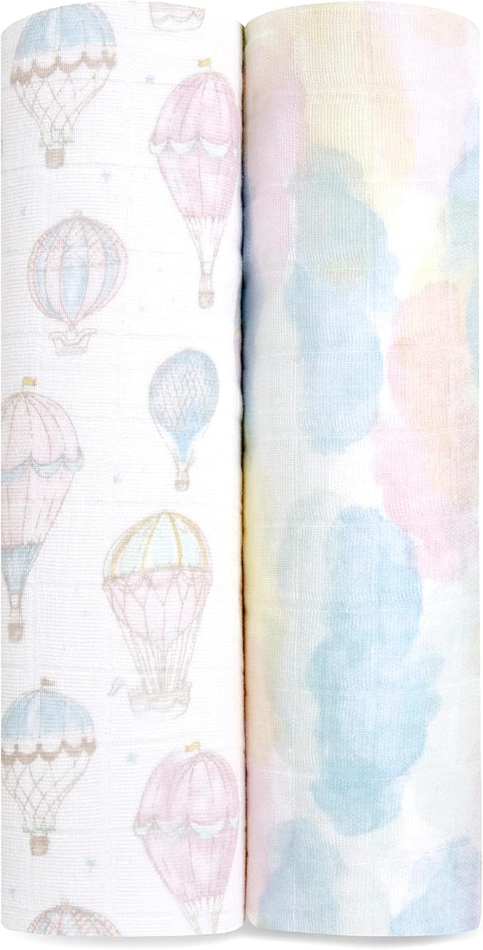 aden + anais 100% Organic Cotton Muslin Swaddle, Breathable Baby Blanket, Ideal for Boys, Girls, Newborns, Babies & Infants, Receiving Blanket, Soft Lightweight Wrap, 2 Pack, Above The Clouds