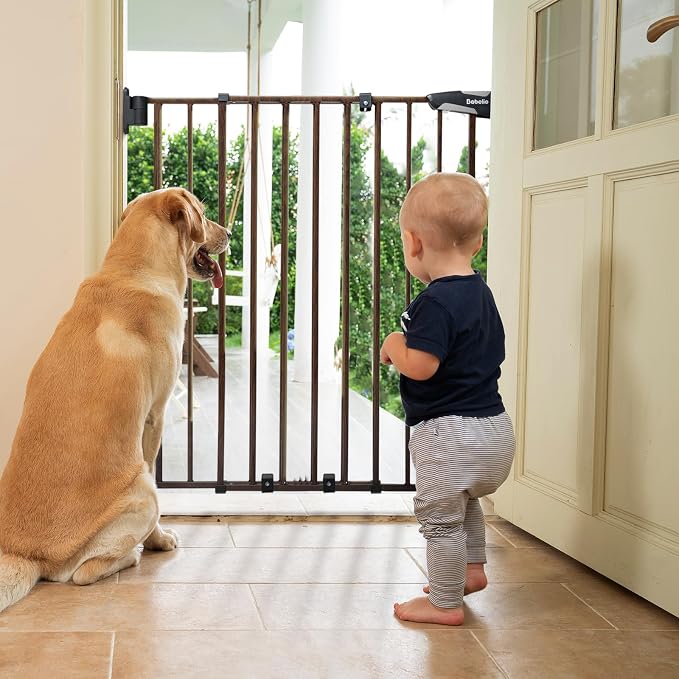 Babelio 34" Extra Tall Baby/Dog Gate with No Threshold Design Walk Thru Door, 26-43" Auto Close Safety Gate for Babies, Elders and Pets, Fits Doorways, Stairs, and Entryways, Black Wood Pattern