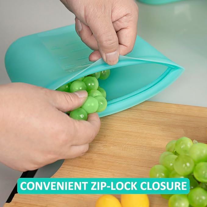 Reusable Freezer Bags Quart Size, 4 Pack, 100% Silicone Stand Up Ziplock Reusable Silicone Food Storage Bags Sandwich Bags Containers, Freezer Microwave Oven Dishwasher Safe, Aqua, 33.8fl.oz