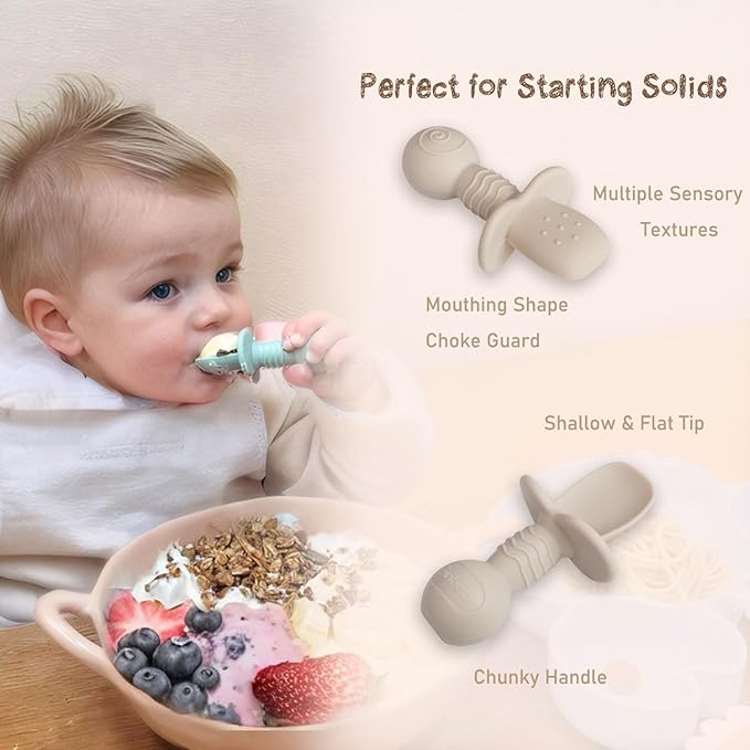 Ginbear Platinum Silicone Baby Spoons Self Feeding 6 Months First Stage, Non Toxic Infants Led Weaning Utensils for Training, Soft BLW Supplies Pack of 4 (Dark Sage/Ivory)
