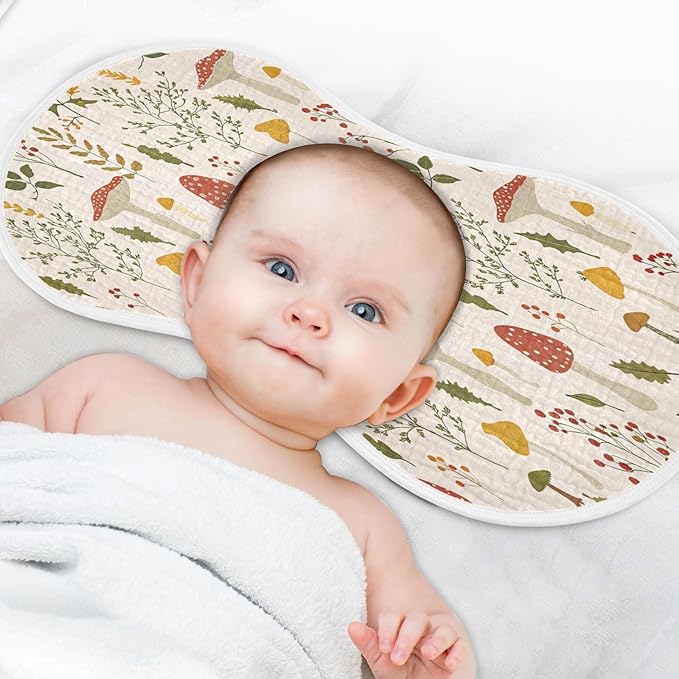 Kigai Baby Burp Cloths 2 Pack, Extra Soft & Absorbent 4-Layer Muslin Cotton Burping Cloths for Newborn Boys Girls, Large 11x22 Inch Curved Shoulder Burp Rags, Cute Mushroom Nursery Design