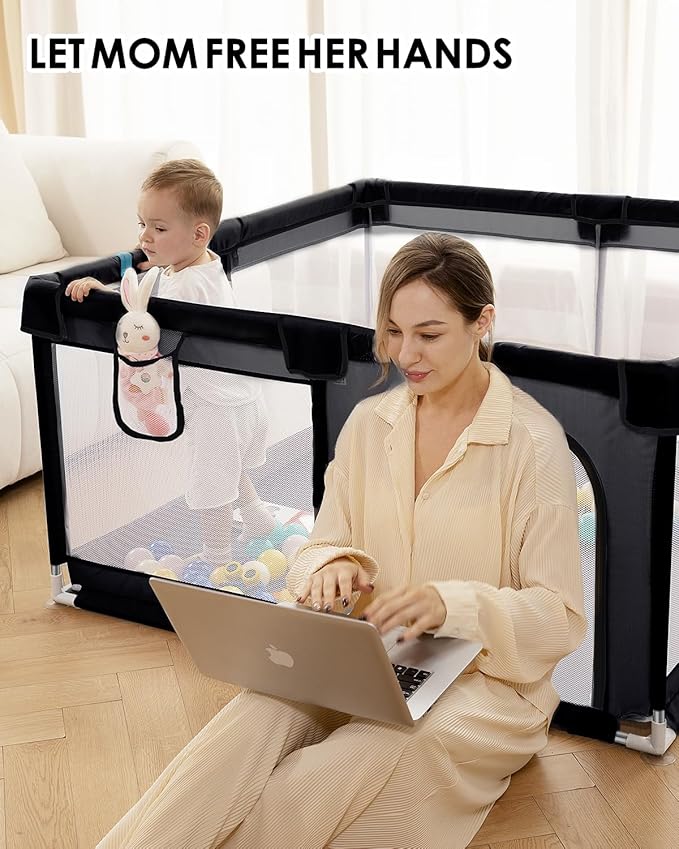 Upgraded Dearlomum Baby Playard, 50"x50" Baby Playpen with Gate, Anti-Slip Thick Base & Soft Mesh Sides, Indoor & Outdoor Activity Center for Toddlers (Black)