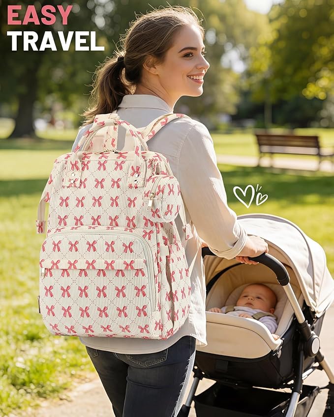Corduroy Diaper Bag Backpack, Large Capacity Multifunction Baby Diaper Bags for Women, Insulated Bottle Pockets & Pacifier Case, Stylish Travel Nappy Changing Bags for Mom Dad (Bow Pink)
