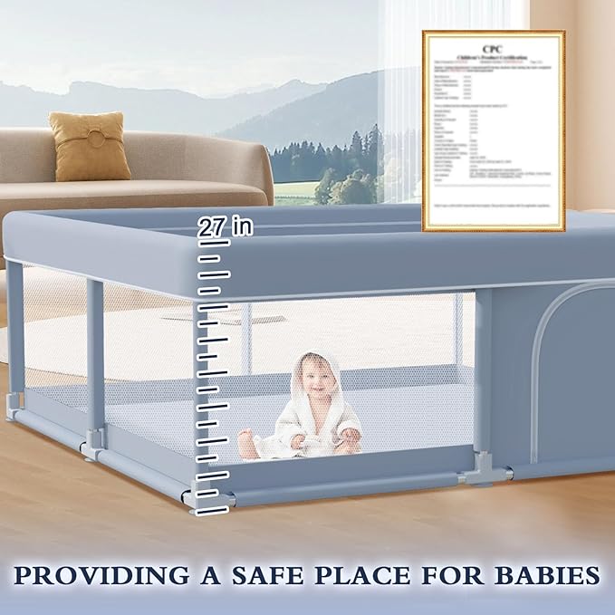 XVISHX 50 x 50 Inch Baby Playpen, Playpen for Babies and Toddlers, Baby Play Pen Playard for Indoor & Outdoor Active Center Game Fence, with Skin-Friendly Fabric and Soft Breathable Mesh, Grey