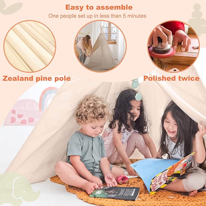Tiny Land Teepee Tent for Kids with Star Lights, Foldable Play Tent for Girls & Boys, Washable Indoor Toddler Tent, Cozy Warm Reading Nook & Room Decor