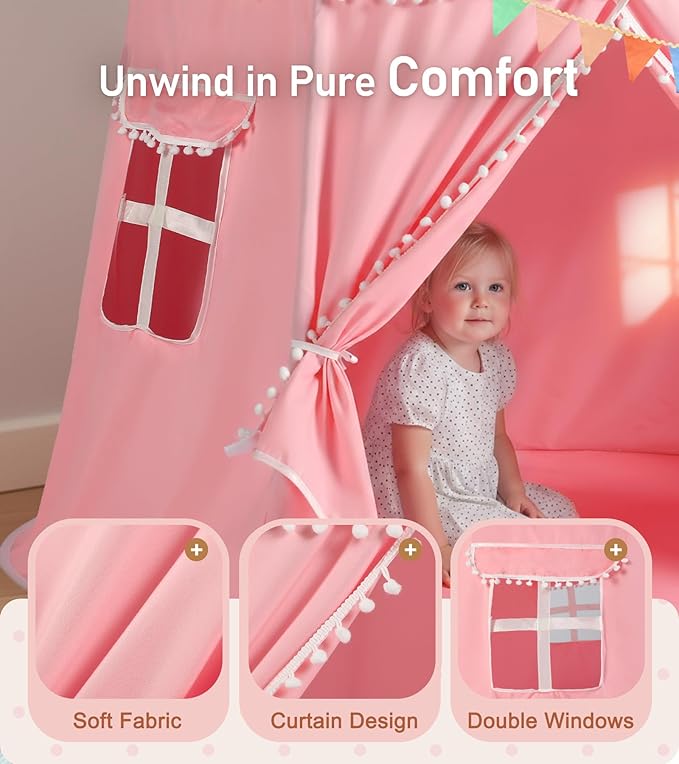 Kids Play Tent, Large Princess Tent, Kids Castle Play Tents with Carry Bag, Indoor Outdoor Game Playhouse, Portable Children Yurt Tents, Birthday Gift for Girls, 47''x45'', Pink