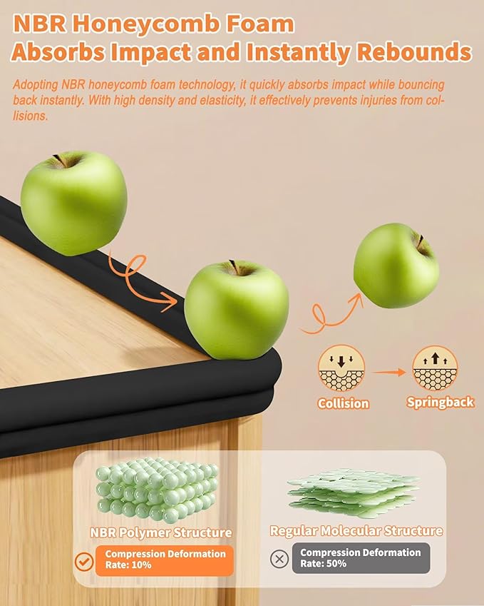 Edge Corner Protector Baby Proofing, 6.56FT 0.6'' Thicken L-Shape Furniture Fireplace Safety Bumper Guard with 6 Corners, Pre-Taped, Soft NBR Rubber Foam, Table Edge Protector for Baby (Black)