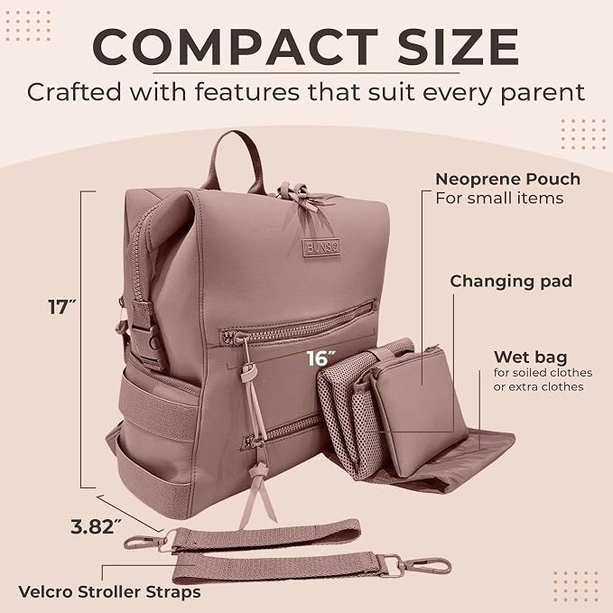 BUNSO Baby Neoprene Diaper Bag, Minimalist Backpack Diaper Bag with Pouch, Changing Pad, and Stroller Straps, Water Resistant and Lightweight Baby Girl Diaper Bag, Diaper Bag Backpack, Mauve