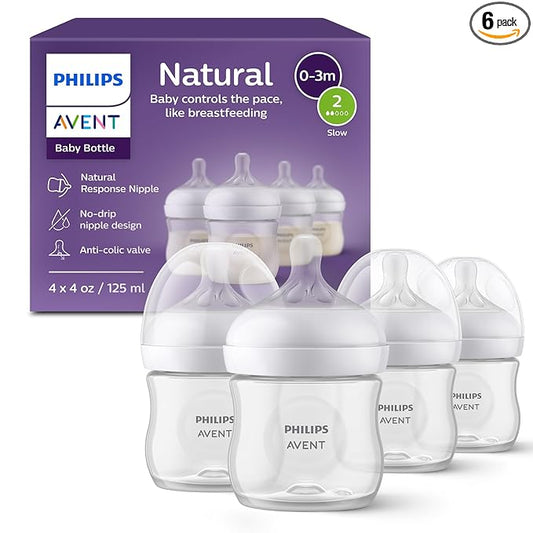 Philips Avent Natural Baby Bottles with Natural Response Nipples (Slow Flow,Flow 2),4oz,SCY900/04,4 Count (Pack of 6)