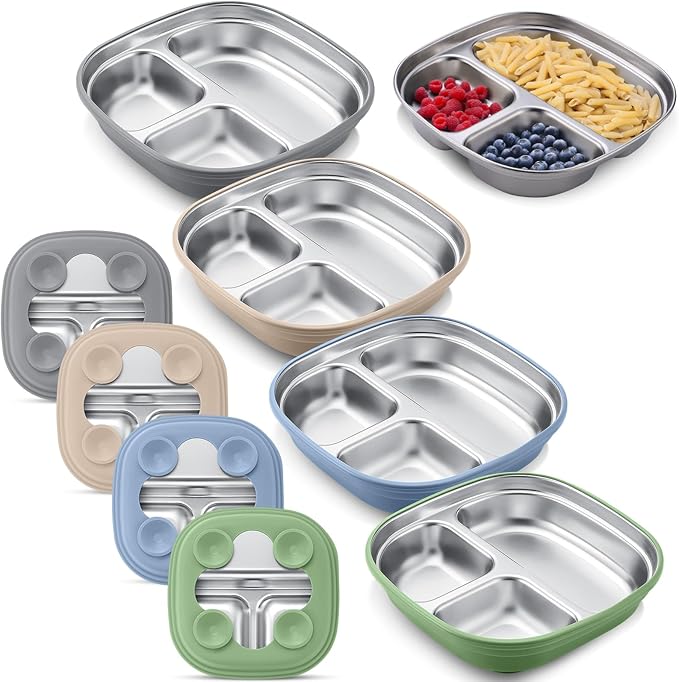 Geiserailie Square Stainless Steel Toddler Plates with Suction – 7.68” Divided Plates with Removable BPA-Free Silicone Sleeves, Unbreakable Baby Feeding Dishes Set of 4(Blue,Green,Beige,Gray)