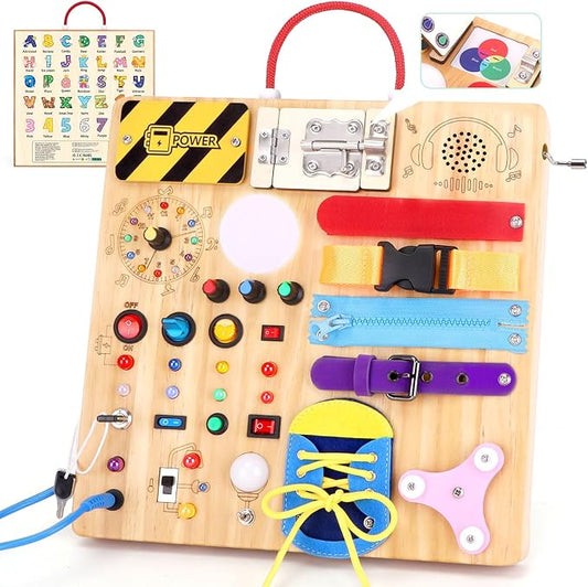 23-in-1 Montessori Busy Board with LED Lights Educational Wooden Activity Toy for Toddlers Ages 1-3, Travel Sensory Board with Switches Locks Music Box Fine Motor Skills Learning Toy for Boys Girls