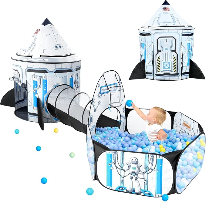 Rocket Ship Kids Play Tent: 3Pcs Toddlers Pop Up Ball Pit and Play Tunnel for Indoor Outdoor, Spaceship Baby Playhouse Toys for 1-3 Year Old Boys Girls (3 in 1 Kids Tent)
