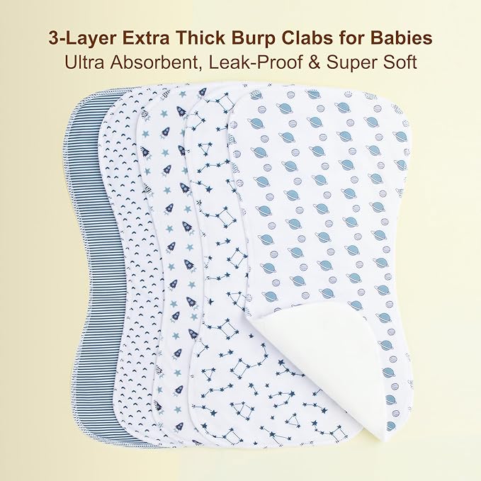 2-in-1 Burp Cloths and Baby Bibs - 6 Pack Large Super Absorbent Soft Cotton Burping Cloths for Spit Up, 3 Layers Thick Baby Burp Rags for Girls & Boys