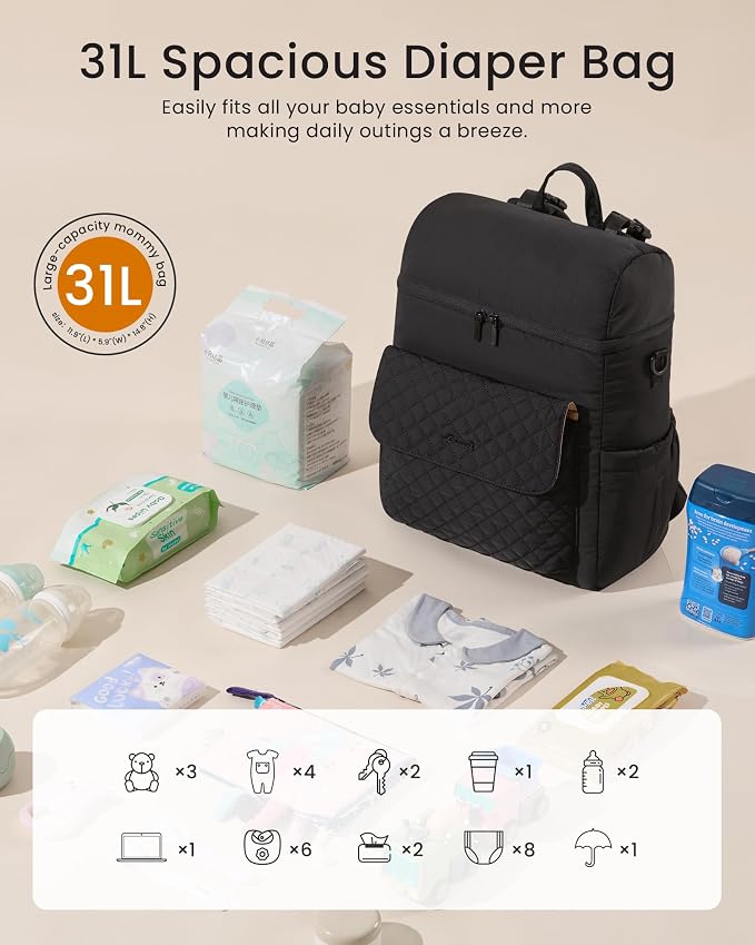 LOVEVOOK Diaper Bag Backpack, 3 in 1 Baby Bag with Changing Pad & Detachable Straps, Large Diaper Backpack for Mom Dad with Stroller Buckles, Black